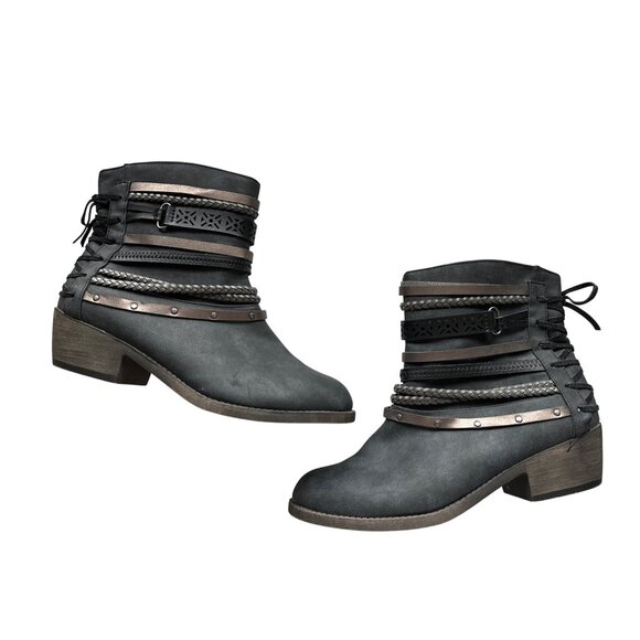 Jellypop Ankle Boots Dorothy Black Heeled Braided & Studded Straps Western 11 - Picture 2 of 8